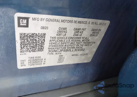 2020 Chevrolet Trax Awd Lt z USA, uszkodzony, nr VIN 3GNCJPSB0LL319351